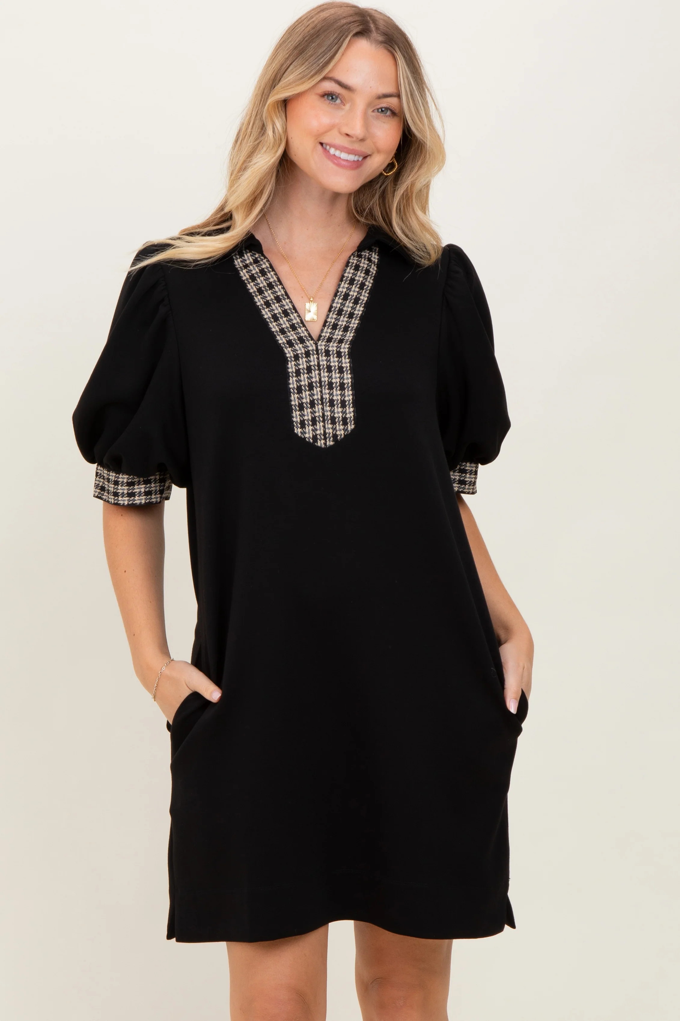 Black Plaid Accent Puff Sleeve Mini Dress | PinkBlush Maternity