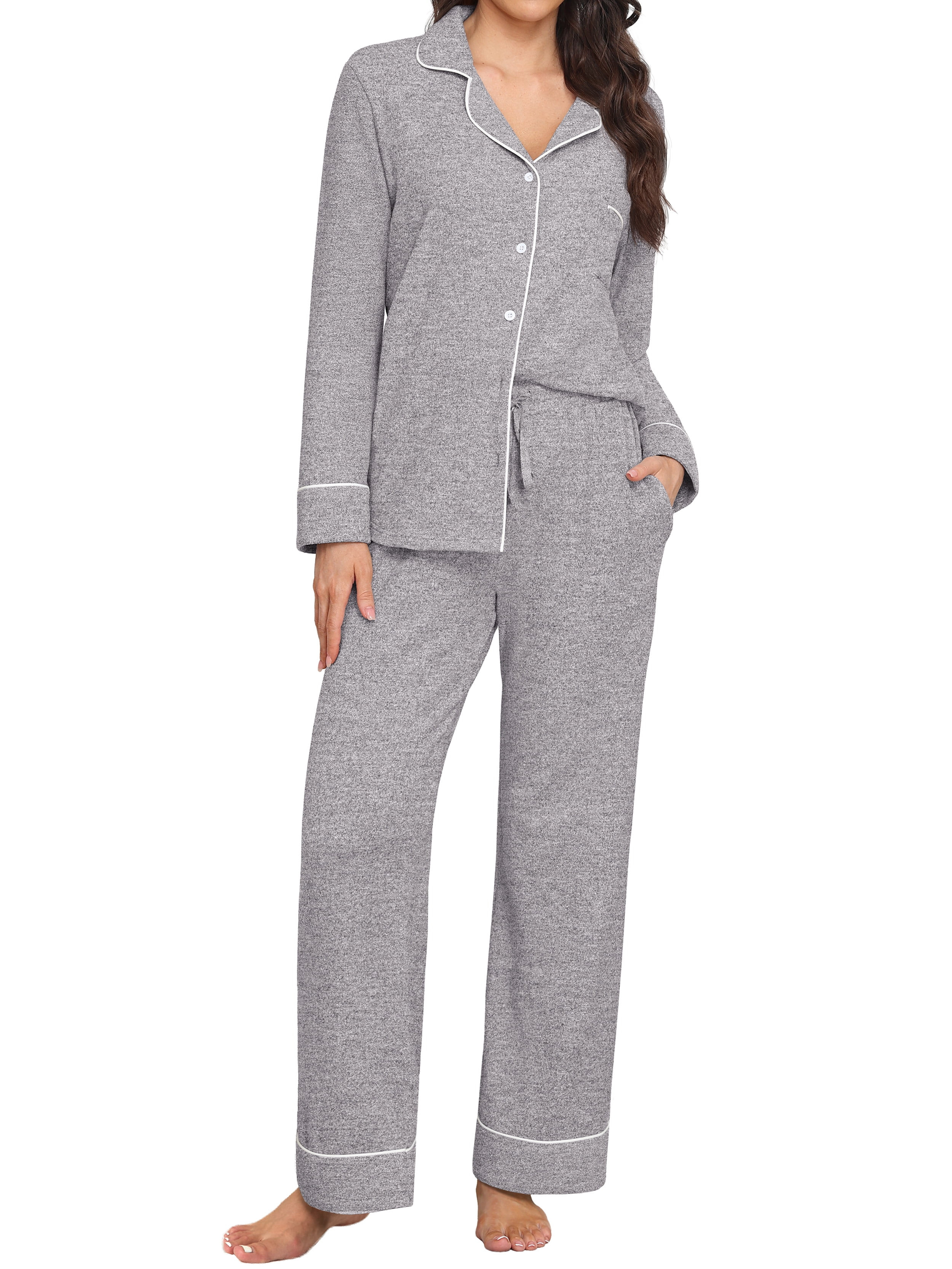 MINTREUS Women's Pajama Sets Knit Long Sleeve Button Down Pjs Soft Sleepwear Lounge Sets with Poc... | Walmart (US)