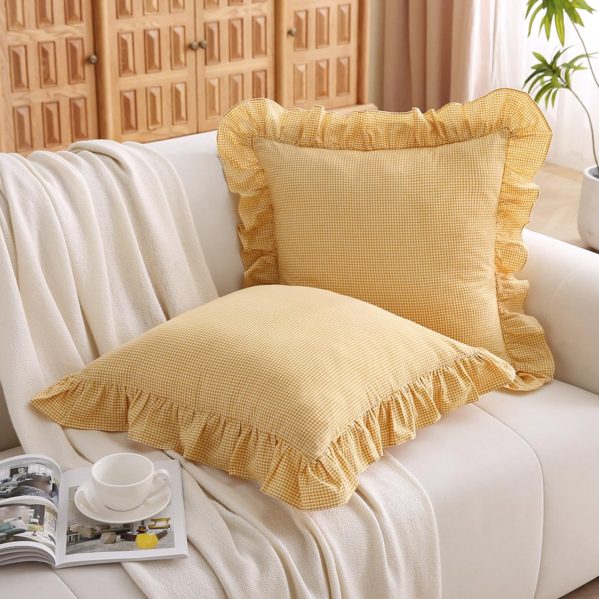 Vintage Yellow Plaid Ruffle Throw Pillow Covers 20x20 inches,Washed Cotton Mustard Gingham Checke... | Amazon (US)