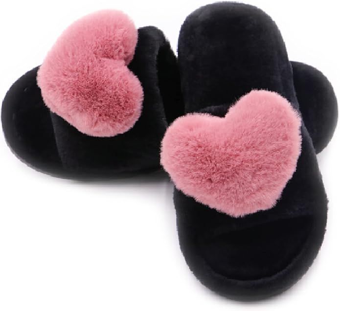 CRAZY LADY Women's Fuzzy LOVE House Slippers Soft Plush Furry Fur Open Toe Cozy Winter Warm Comfy... | Amazon (US)