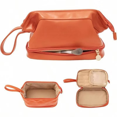 Women's Large Travel Makeup Bag - PU Leather with Compartments & Handle. Spacious and Portable Cosmetic Organizer Orange Standard | Target