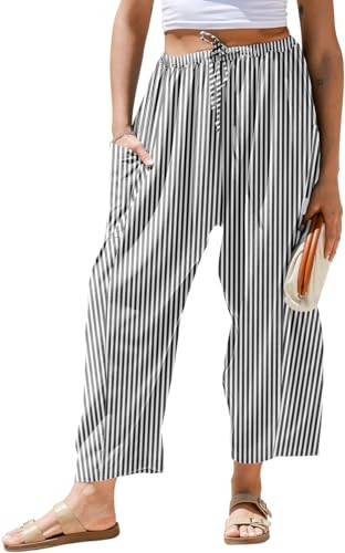 TARSE Womens Linen Wide Leg Striped Pants Casual Barrel Loose Drawstring Low Waist Palazzo Harem ... | Amazon (US)