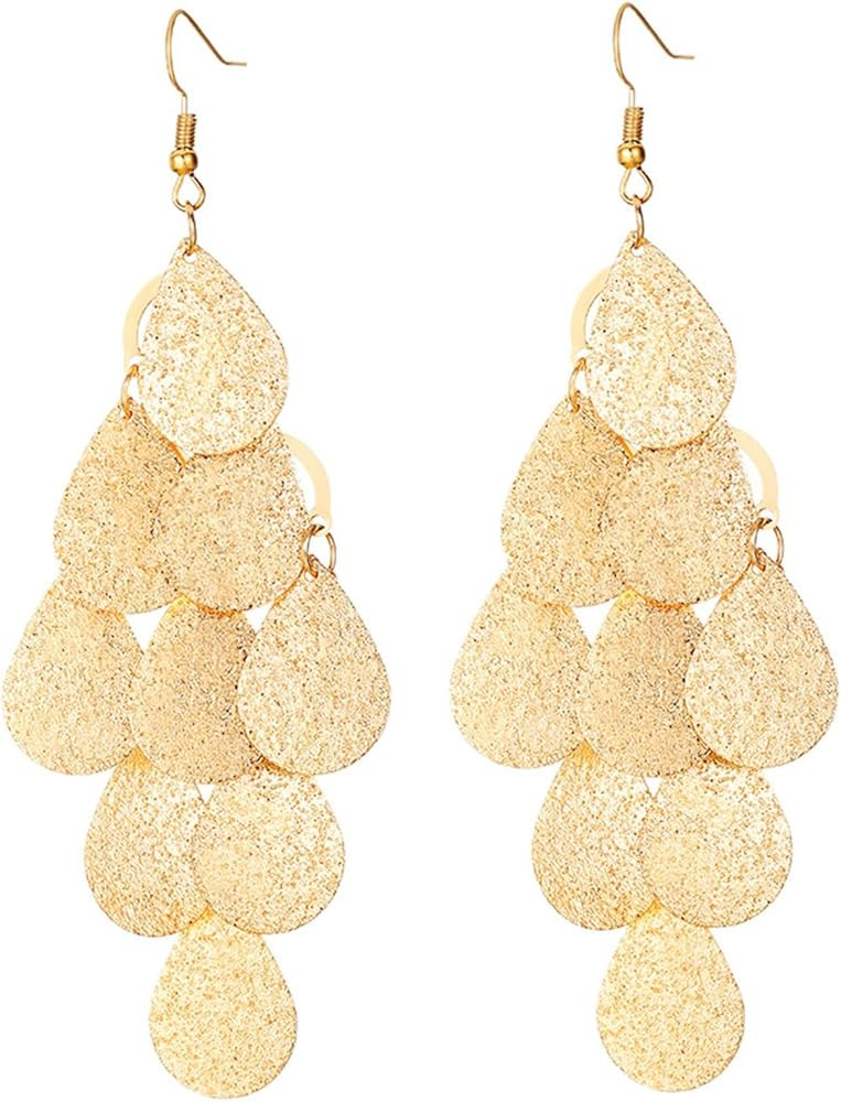 Gold Chandelier Earrings Boho Lightweight Filigree Layered Teardrop Leaf Leaves Tassel Geometric ... | Amazon (US)
