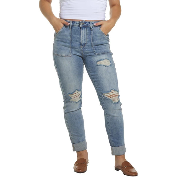 Women's Judy Blue Patch Pocket Distressed Relaxed Fit Boyfriend Jeans Mid 28 29 | Scheels