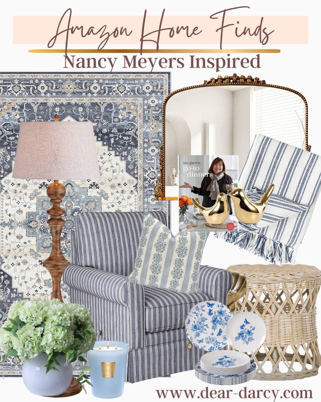 Amazon Finds
Nancy Meyers inspired 
Blue and white home decor

-Blue and white floral rug
-Good size Gold mirror 
-Gold Knob floor lamp 
- Silk Hydrangeas 
-blue white Stripe arm chair 
So comfy 

Light blue floral pillow 
Blue and white dishes 
Ina Gardens Book (it’s so good I couldn’t put it down ) 
Blue white strip throw 
Gold birds
Whicker side table/stool
- Blue candle 

#LTKHome #LTKStyleTip