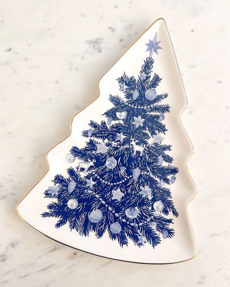 Blue & White Christmas Tree Platter with metallic gold trim. Home, Entertaining, Chinoiserie, Grandmillennial, Classic, Cookie Plate, Holiday Platter. 

#LTKunder50 #LTKHoliday #LTKhome