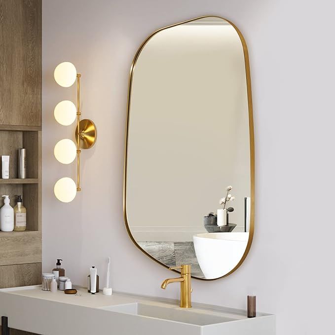 ANDY STAR Irregular Mirror Asymmetrical Mirror for Wall 24x36” Brushed Gold Bathroom Mirror, Mo... | Amazon (US)