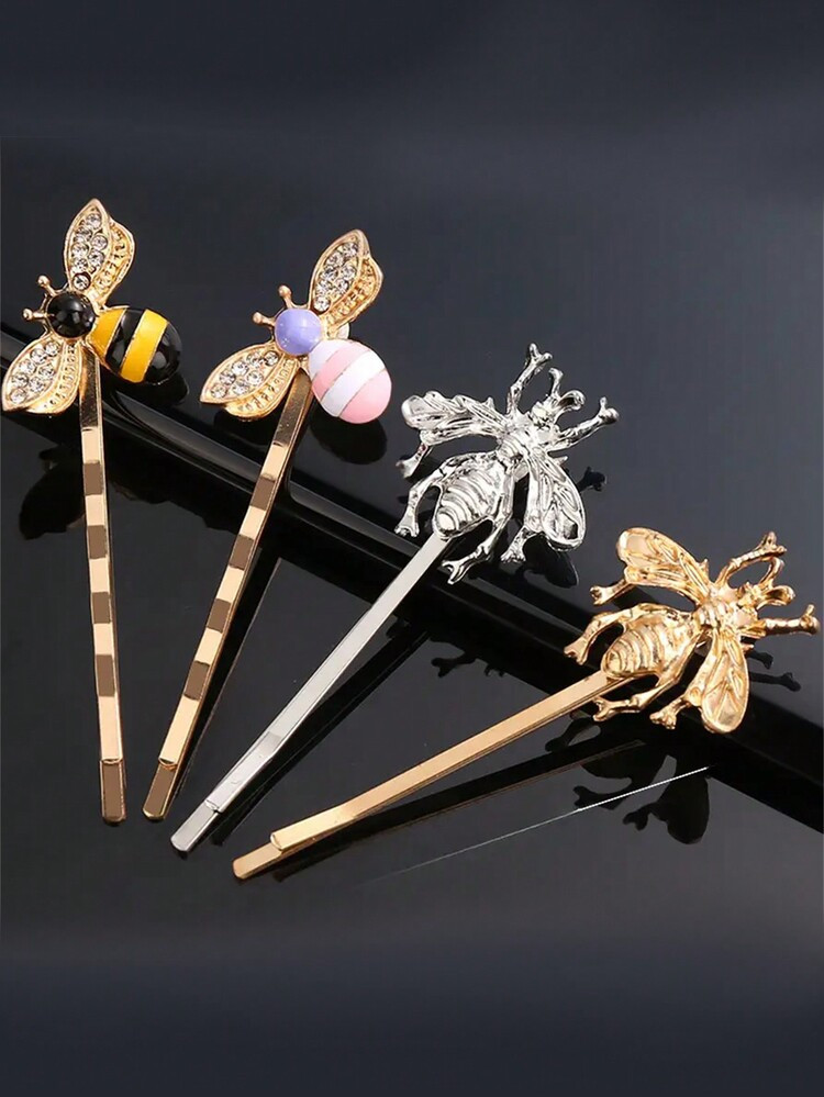 4pcs/Set Bohemian Style Colorful Rhinestone Bee Hair Clips - Women Multicolor Metal Side Hairpins... | SHEIN