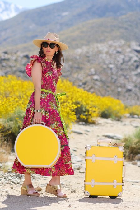 Get 15% off this vintage style luggage w/code KELLY15
— many more colors available too.

Dress: 10% OFF w/ code KELLYGOLIGHTLY  
Fit: Wearing an XS. TTS

Shoes: 40% off w/code STAPLES 


#suitcase #hatbox #carryon #travel #luggage #yellow #travelstyle #packing #palmsprings

#LTKFind #LTKtravel #LTKitbag