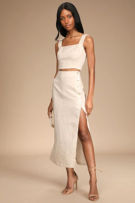 Caught in Cannes Beige High-Waisted Side Button Midi Skirt | Lulus (US)
