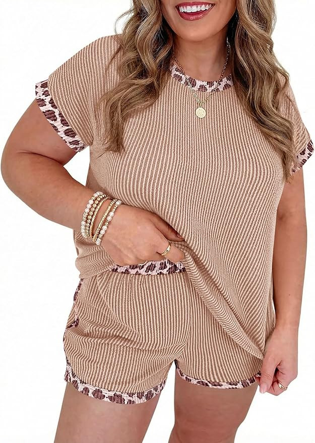 Beautife Womens Plus Size 2 Piece Short Sets Leopard Print Ribbed Knit Short Sleeve Top 2026 Summ... | Amazon (US)