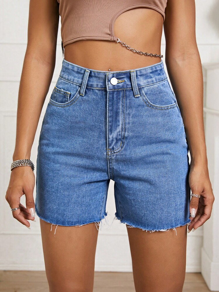Slant Pocket Raw Hem Denim Shorts | SHEIN