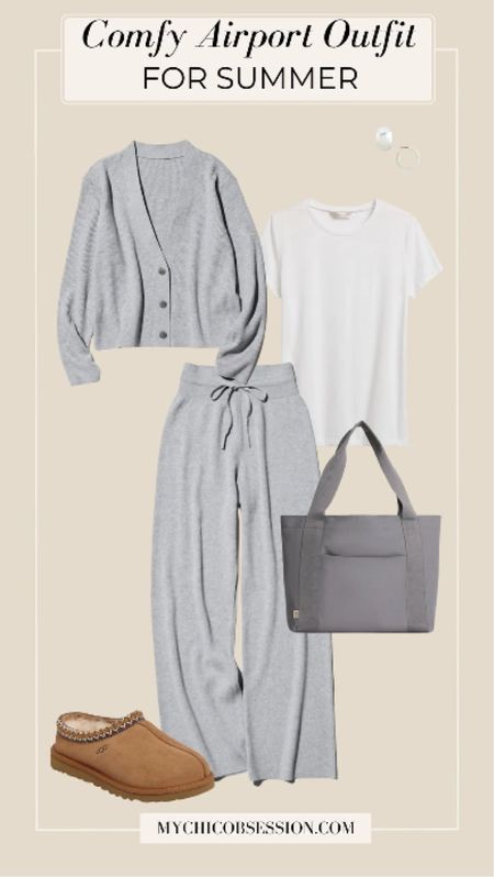 There’s nothing like a comfortable loungewear set to make traveling that much more comfortable. Start with look with a white t-shirt, paired with ribbed cardigan and lounge pants. Add Ugg slippers (perfect for taking on and off for security) and a gray tote to keep the monochromatic look going for a chic travel look.

#LTKstyletip #LTKSeasonal #LTKtravel