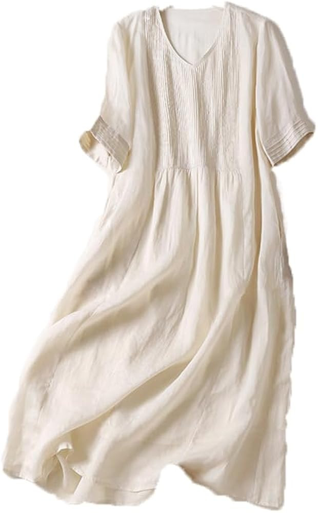 Akivide Women's Flowy Cotton Midi Dress V Neck Short Sleeve Summer Beach Vacation Casual Loose Lo... | Amazon (US)