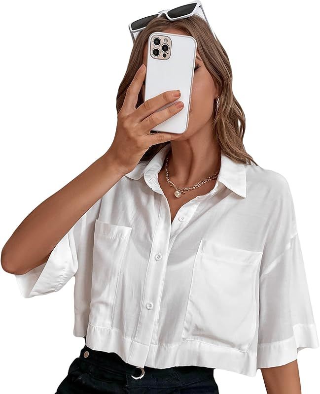Falainetee Women's Pocket Half Sleeve Button Front Summer Oversized Crop Blouse Tops | Amazon (US)