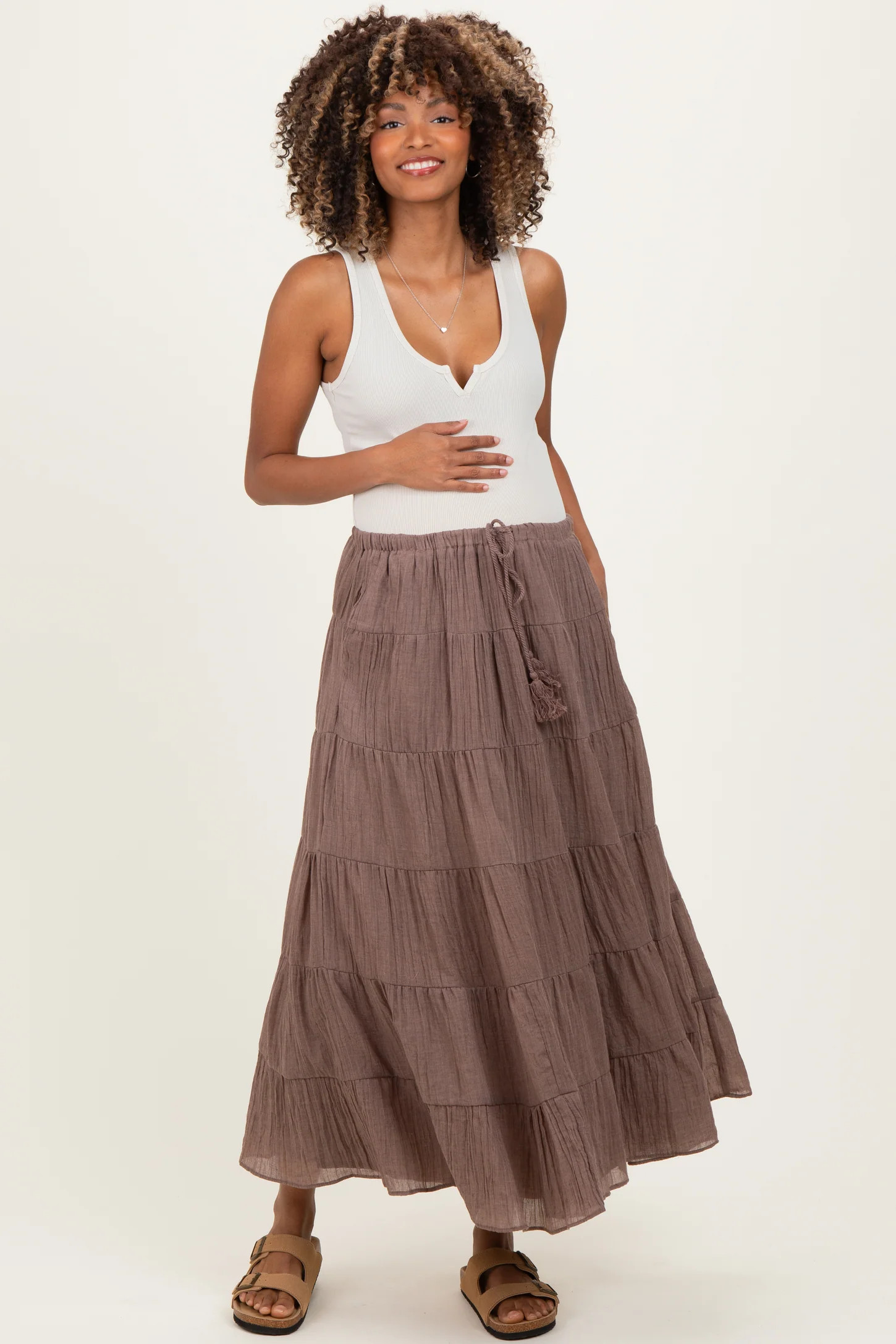 Mocha Tiered Drawstring Maternity Maxi Skirt | PinkBlush Maternity