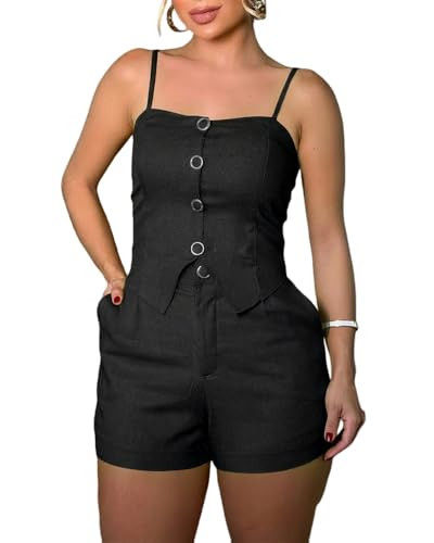 CHICME Women’s Beach Vacation 2 Piece Outfits Adjustable Spaghetti Straps Button Top and Casual Zipper Shorts Set Black-L | Amazon (US)