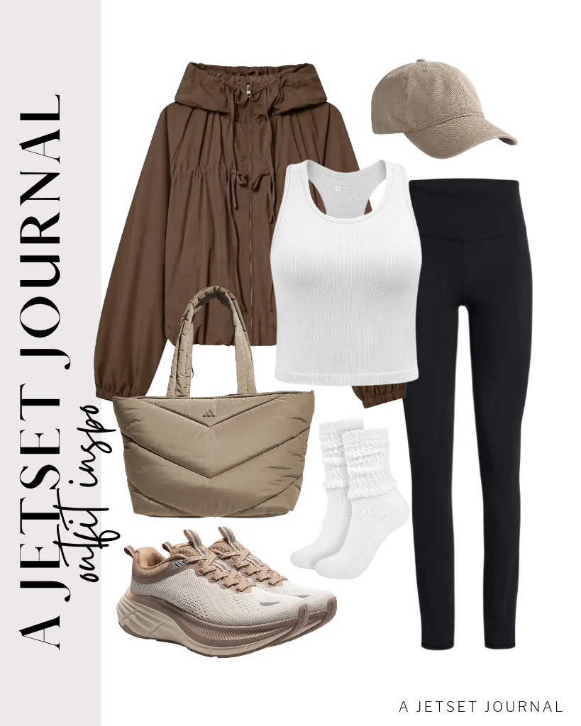 Another outfit idea is a combination of a white YEOREO racerback tank top, black SINOPHANT leggings, and a brown gathered hooded jacket from Xunger. You can style it with a FURTALK vintage baseball cap, crew slouch socks, and NORTIV 8 walking shoes. Finish the look with an adidas quilted puffer tote bag. 

 #LTKSeasonal #LTKSaleAlert #LTKTravel
