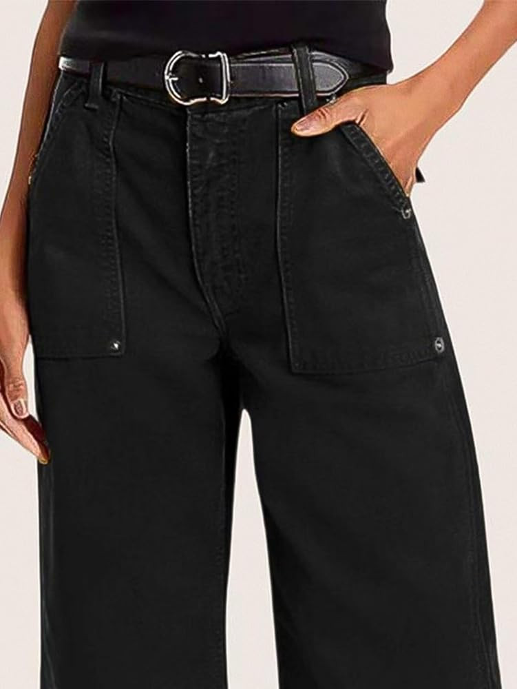 Flamingals Straight Wide Leg Jeans for Women Mid Waisted Casual Raw Hem Denim Capris Pants with P... | Amazon (US)