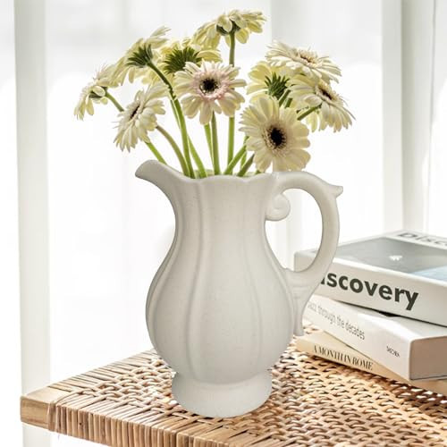 Large Rustic Ceramic Vase for Home Decor, Antique Textured Wide Mouth Farmhouse Clay Jug Pitcher Pottery Flower Vases with Handle for Aesthetic Gift… | Amazon (US)