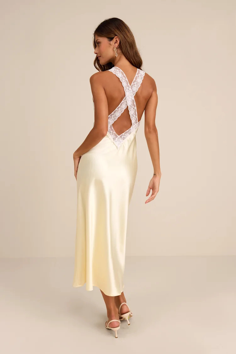 Camara Pale Yellow Satin Lace Slip Midi Dress | Lulus
