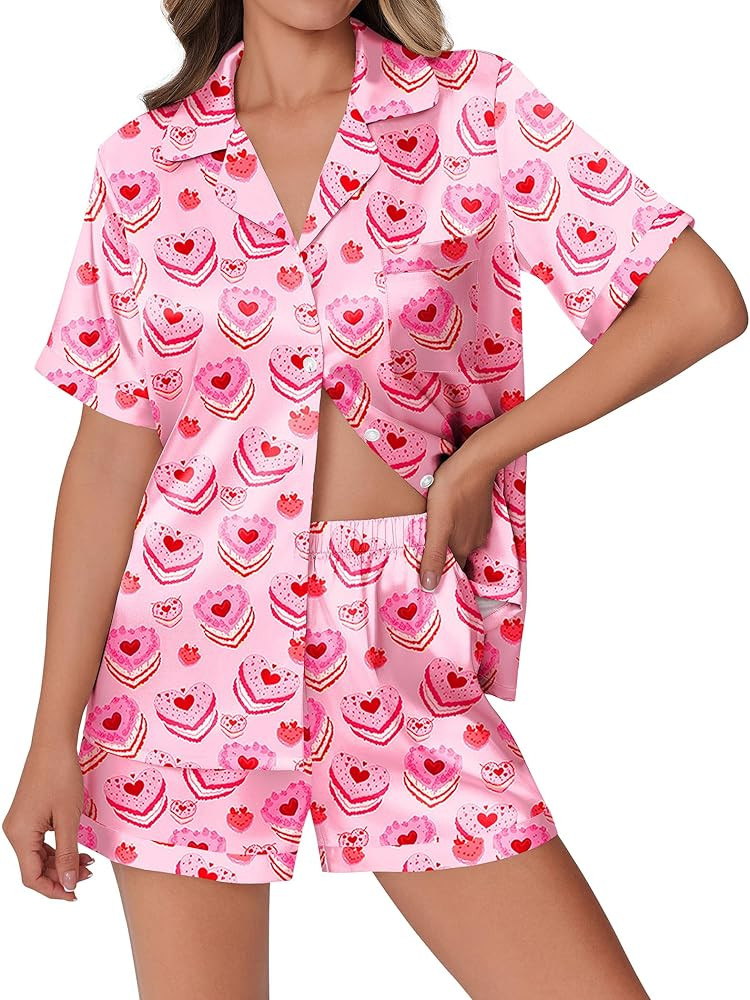 Ekouaer Womens Silk Satin Pajamas Set Animals Print Pjs Button Down Short Sleeve Lounge Set 2 Pie... | Amazon (US)