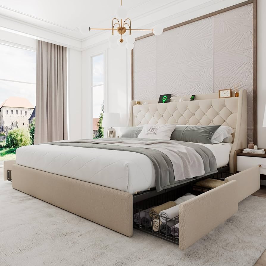 Upholstered King Size Bed Frame with 4 Storage Drawers, Platform Bed Frame with Wingback Headboar... | Amazon (US)