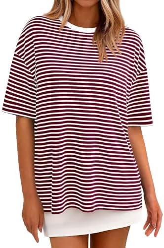 PRETTYGARDEN Womens Oversized Cute Tops Casual Striped Short Sleeve Shirt Women Trendy 2026 Sprin... | Amazon (US)