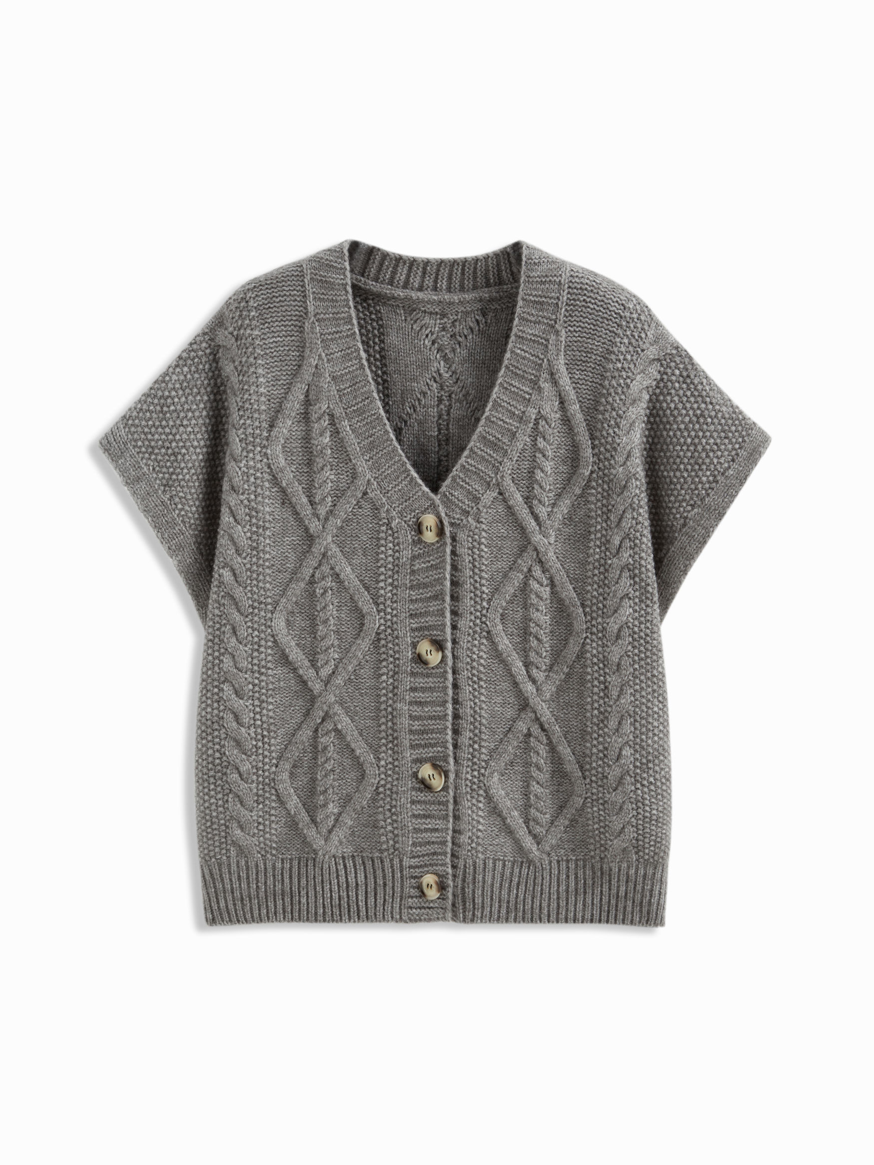 Knit Fabric Cable Knit V-neck Short Sleeve Button Vest For Work | Cider