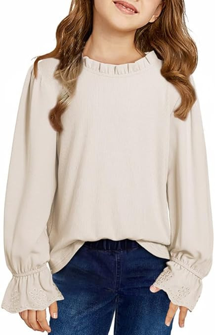 Cute Shirts for Girls Ruffle Long Sleeve Crewneck Ribbed Knit Blouses Tops 6-15 Years | Amazon (US)