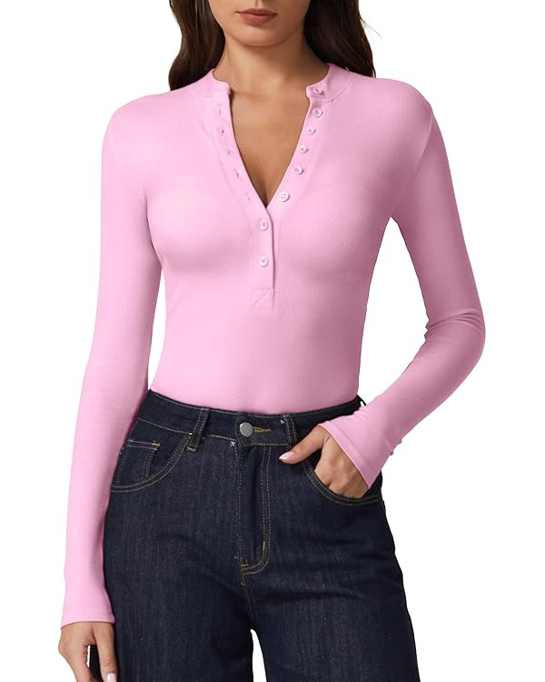 QINSEN Button Down Shirts for Women V Neck Long Sleeve Ribbed Knit Slim Fit Basic Tee Tops | Amazon (US)