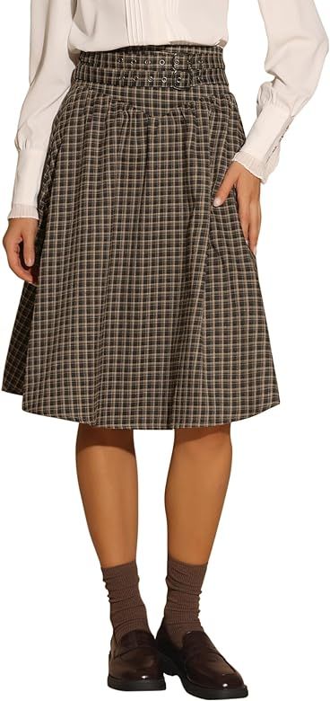 Allegra K Plaid Tartan Skirts for Women's Midi Belted Vintage Skirt | Amazon (US)