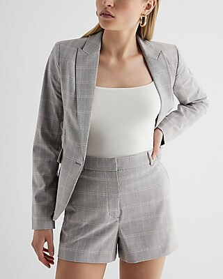 Express Women's Editor Super High Waisted Plaid Tailored Shorts in Plaid-Gray | Express