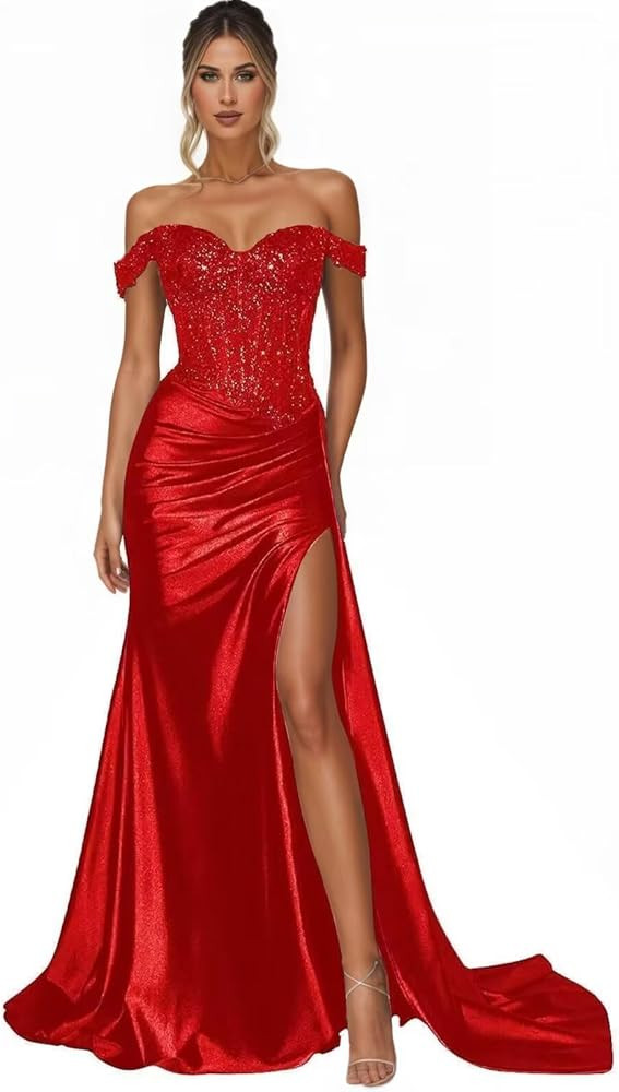 Lace Mermaid Prom Dresses Satin Off Shoulder Sparkly Sequin Formal Evening Gowns with Slit | Amazon (US)