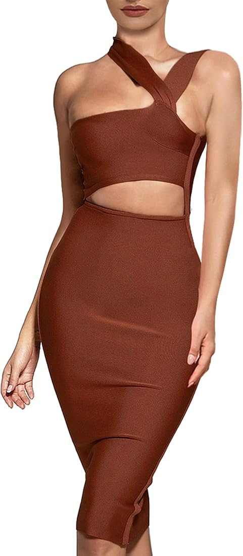 UONBOX Women's Cutout One Shoulder Bodycon Midi Dress Evening Party Club Bandage Dress | Amazon (US)