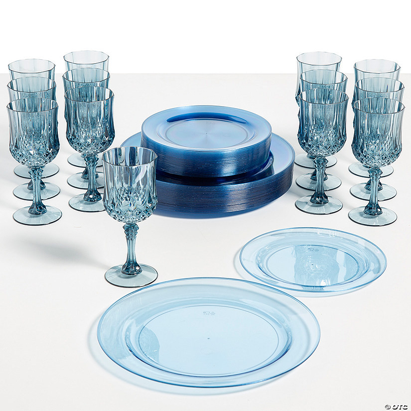 74 Pc. Dusty Blue Party Disposable Plastic Tableware Kit for 24 Guests | Oriental Trading Company