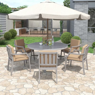 Whisen Outdoor Dinning Set 6-Person Outdoor Wooden Dinning Set with an Umbrella Hole and Removable Cushions - Gray | Target