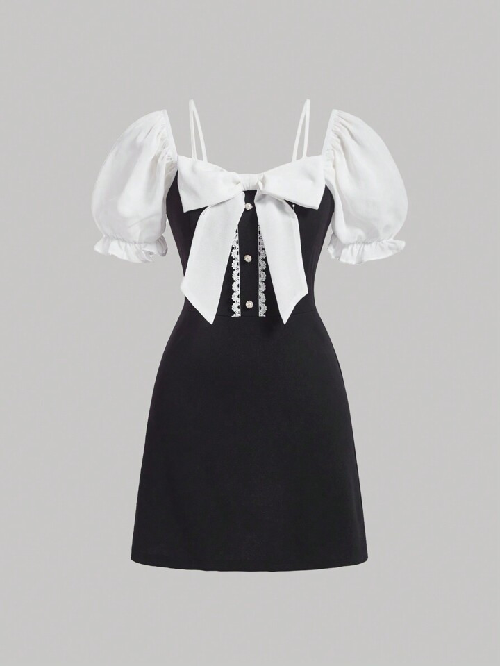 SHEIN MOD Bowknot Puff Sleeve Black&White Contrast A-Line Dress | SHEIN