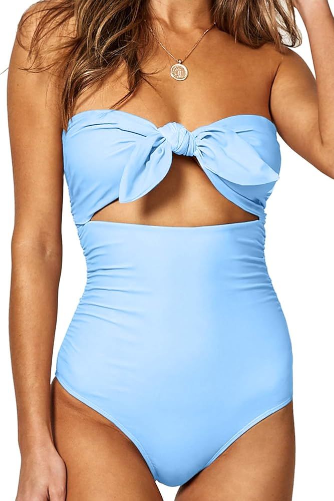 QINSEN Womens Sexy Strapless Tie Knot Front High Waist One Piece Swimsuit | Amazon (US)