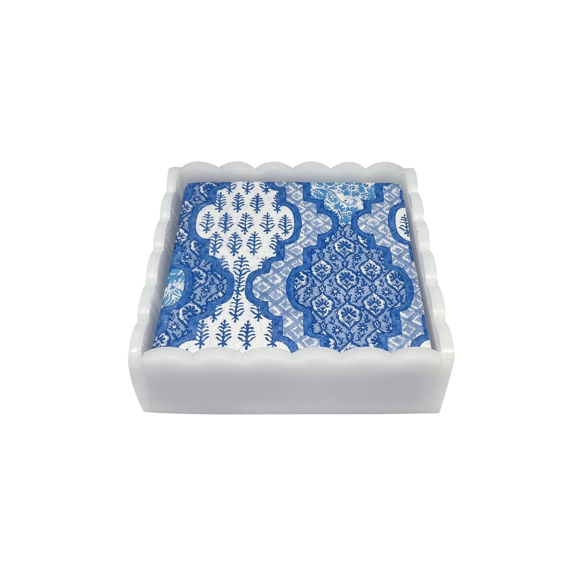 Provençal Cotton Blue White Scalloped Cocktail Napkin Box Set | Mariposa