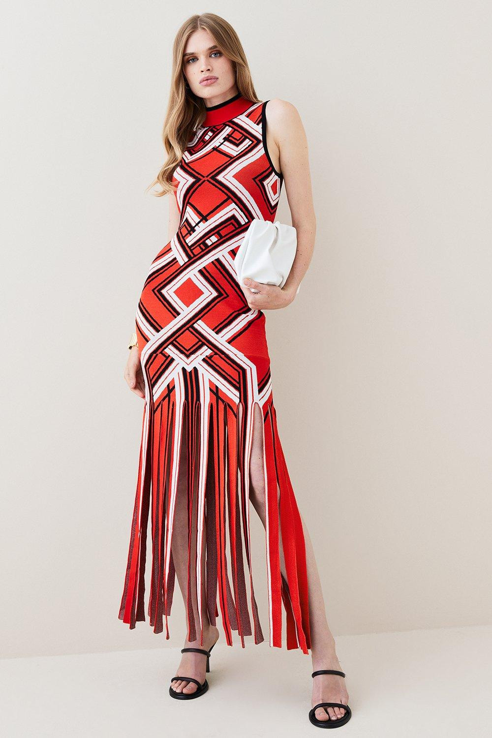 Sliced Hem Placement Stripe Knit Jacquard Maxi Dress | Karen Millen US