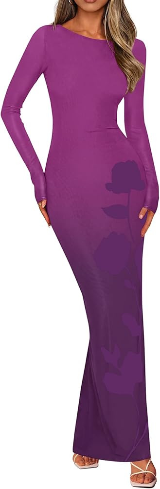 PRETTYGARDEN Bodycon Maxi Dress 2025 Fall Floral Long Sleeve Sexy Mesh Cocktail Wedding Guest Lon... | Amazon (US)