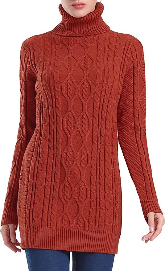 PrettyGuide Women's Long Sweater Turtleneck Cable Knit Tunic Sweater Tops | Amazon (US)