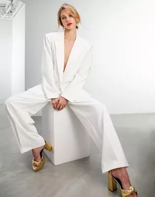 ASOS EDITION pleat front wide leg wedding pant in ivory | ASOS (Global)