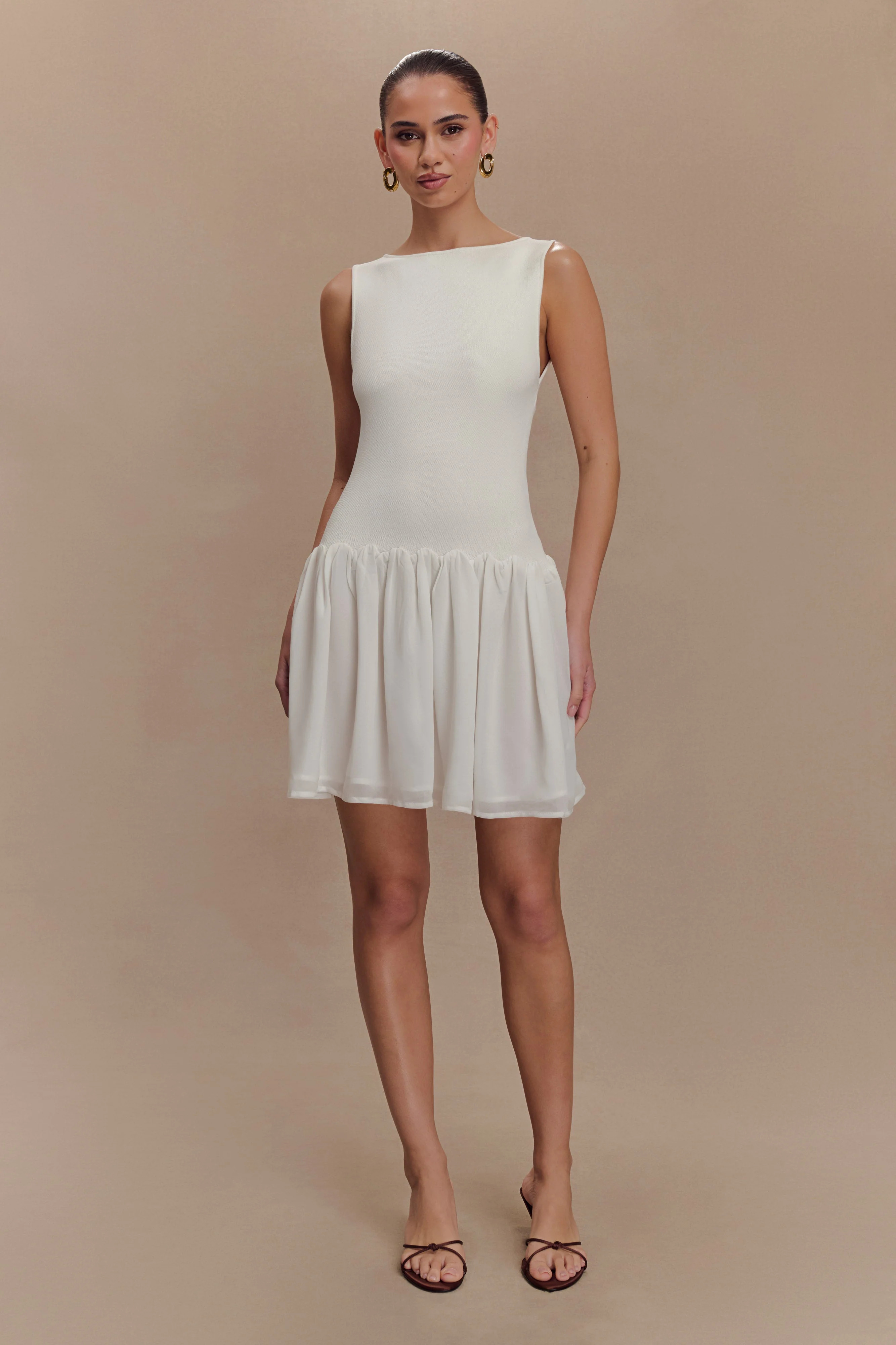 Ashleigh Knit And Chiffon Mini Dress - Ivory | MESHKI US