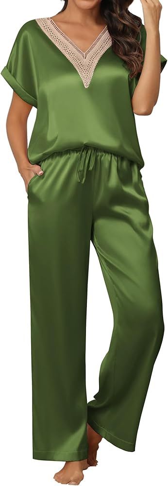 Ekouaer Silk Pajamas Set Womens Lace V Neck Loungewear Short Sleeve Satin Shirt with Long Pant Si... | Amazon (US)
