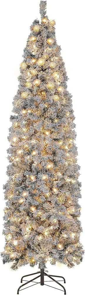 GENTEACO 6FT Pre-Lit Pencil Christmas Tree with Lights, Snow Flocked Skinny Artificial Christmas ... | Amazon (US)