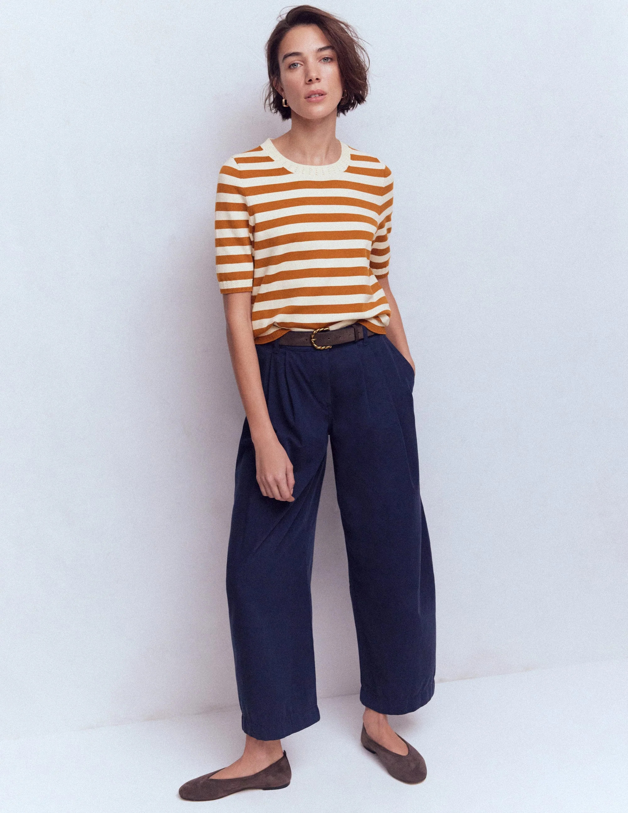 Emilia Cotton Crew T-shirt-Cognac/ Warm Ivory | Boden (US)