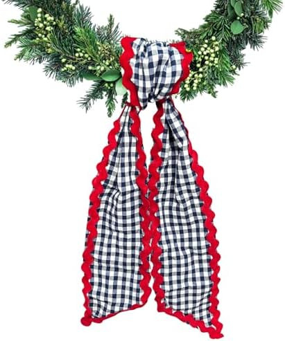 Wreath Sash for Front Door Blue White Buffalo Plaid Wreath Satin Sash Red Wave Garland Ribbon Acc... | Amazon (US)