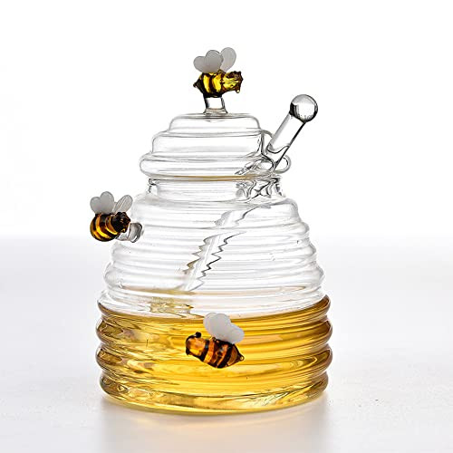 XIZHI Honey Jar with Dipper,Lid and Bee Decoration Beautiful Honey Shaped Glass Honey Pot for Home Kitchen and Decoration,10 Ounce Clear (3 Bees) | Amazon (US)